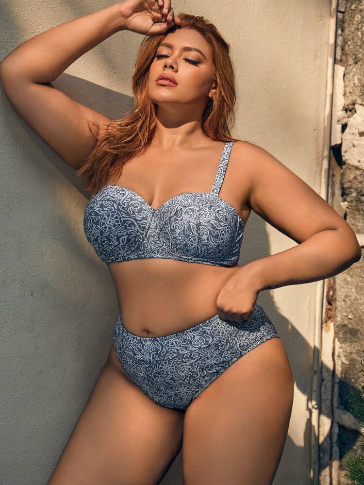 Plus Size Full Print Pattern Bikini Set Summer