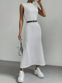 SHEIN Essnce 女款修身款針織立領肋身連衣裙 - 白色 - 查看 6