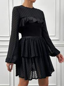 RueChic Mesh Joint Lantern Sleeve Ruffle Edge Party Dress - Black - View 5