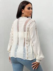 Zolique 女式落肩长袖镂空开衫 - 杏色 - 查看 2