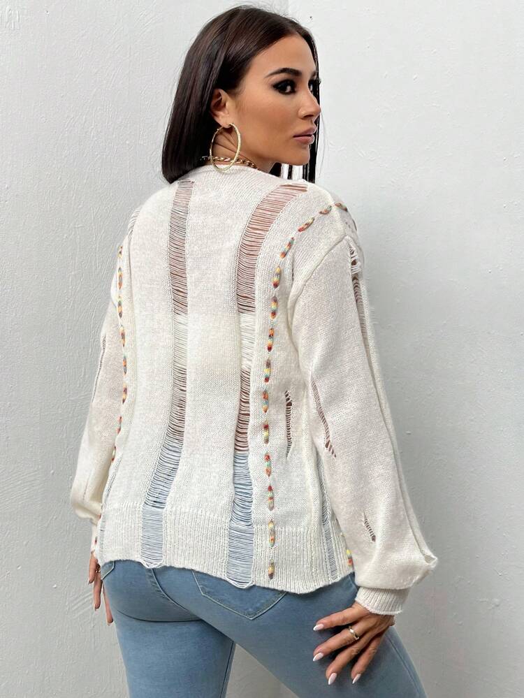 Women'S Drop Shoulder Long Sleeve Cardigan Sweater With Hollow Out Detail