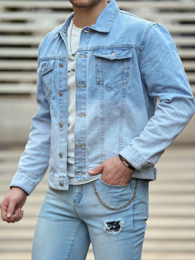 Manfinity Homme Chaqueta De Mezclilla Degradada Para Hombre - Azul - Añade 3