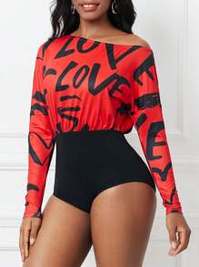 SHEIN Lady Damen Langarm Bodysuit mit asymmetrischem Kragen und Buchstaben Muster