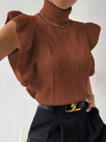 SHEIN Frenchy 女士高領波浪邊無袖毛衣背心 - 鏽棕色 - 查看 1