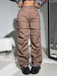SHEIN ICON Y2k棕色寬鬆女裝休閒低腰百褶直筒牛仔褲 - 卡其色 - 查看 1