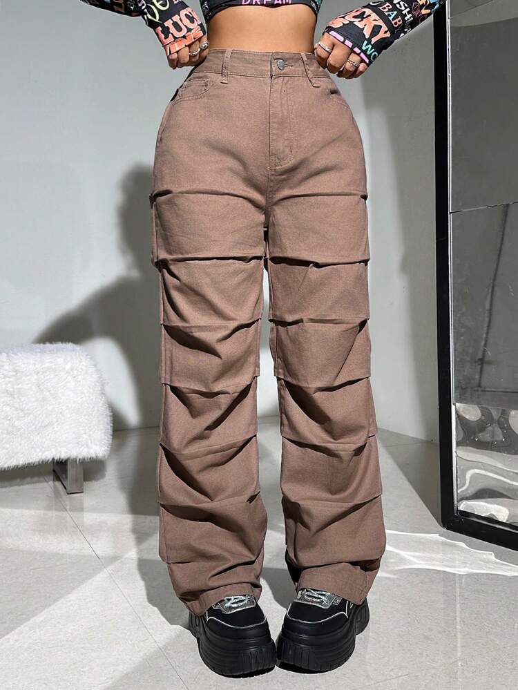 Y2k Brown Loose Women'S Casual Fit Low Rise Pleated Straight Jeans