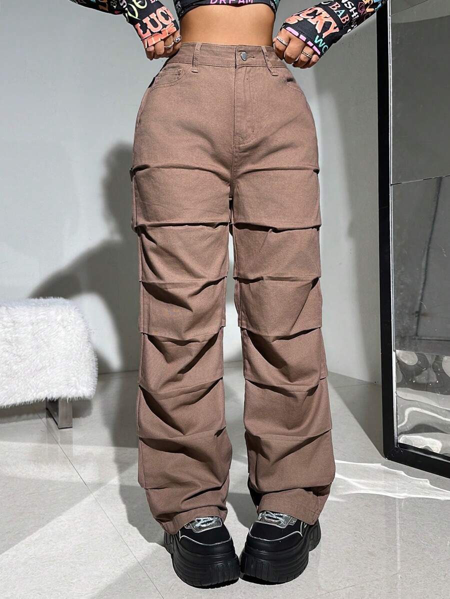 SHEIN ICON Y2k棕色寬鬆女裝休閒低腰百褶直筒牛仔褲 - 卡其色 - 查看 1