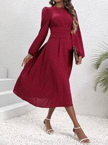 SHEIN LUNE فستان بطيات وأكمام فانوس بخصر عالٍ - عنابي اللون - مشاهدة 3
