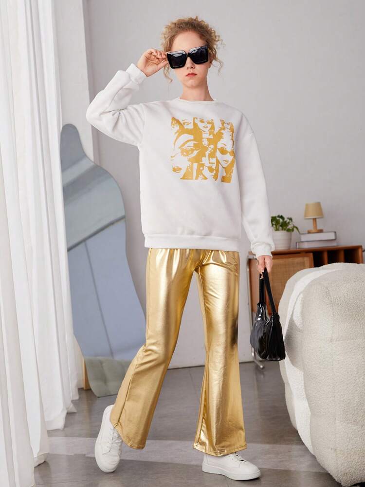 Teen Girls' Casual & Street Style Pattern Printed Pu Leather Pants 2pcs/Set