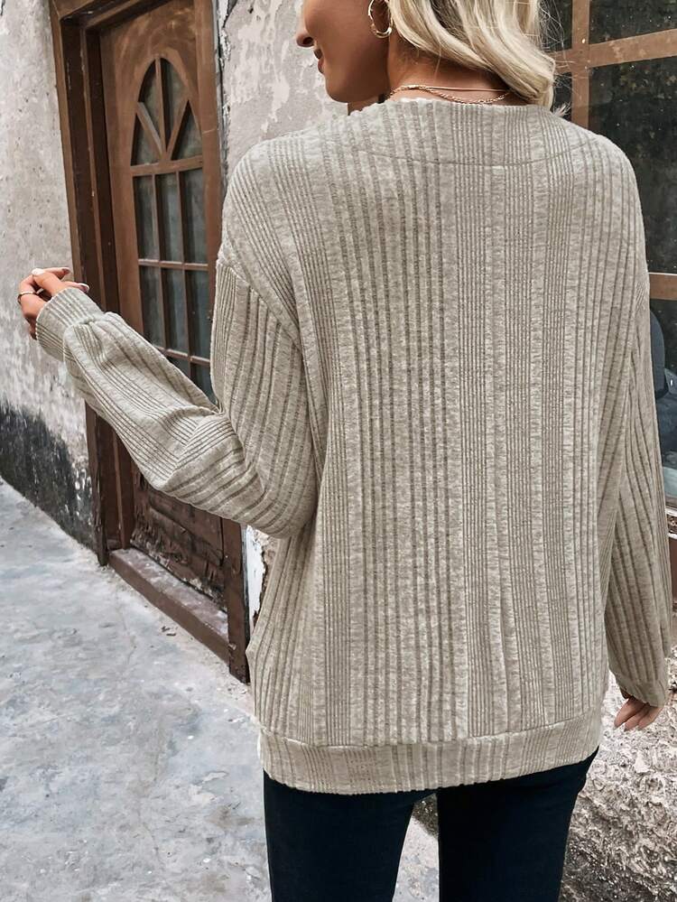 Women's Ribbed Drop Shoulder Sweatshirt Pullover Fall Sweatshirt