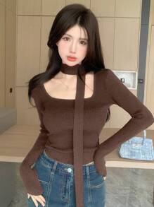 DAZY Solid Color Square Neck Slim Fit Sweater - Brown - View 1