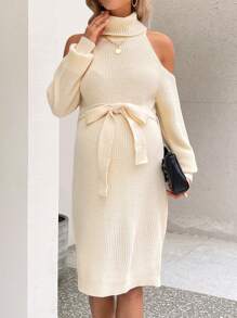 SHEIN 孕婦高領空心肩帶腰帶毛衣裙 - 杏色 - 查看 7