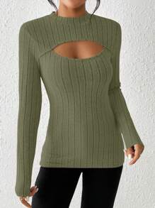 SHEIN Privé 立領空心前開長袖t恤 - 綠色 - 查看 4