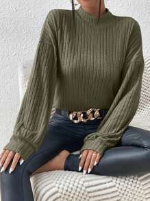 SHEIN Frenchy 純色肋針立領長袖t恤 - 墨綠色 - 查看 5