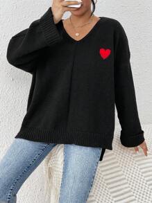 SHEIN Frenchy 女款黑色心形圖案毛衣 - 黑色 - 查看 1