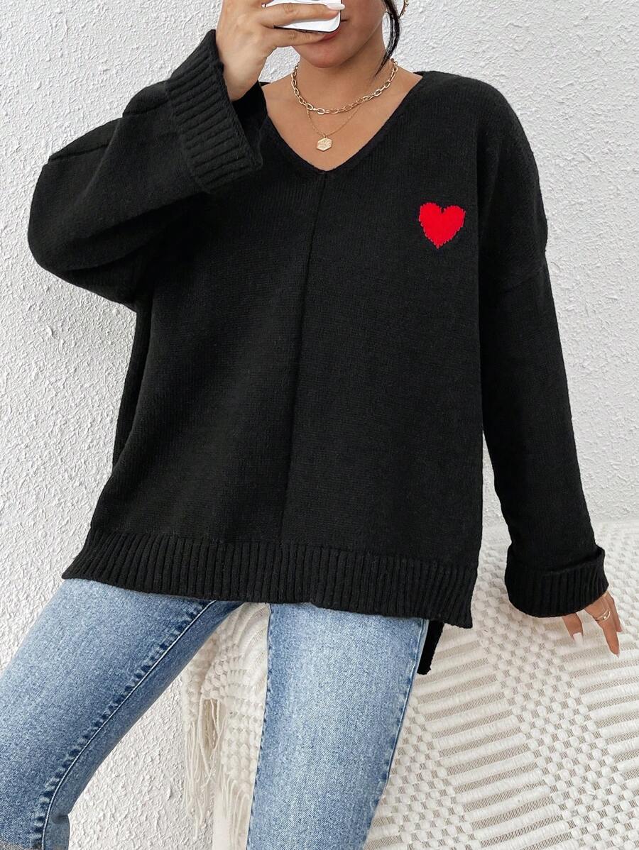 SHEIN Frenchy 女款黑色心形圖案毛衣 - 黑色 - 查看 1