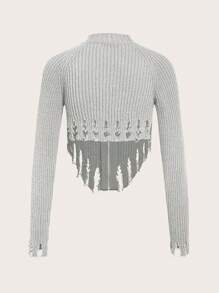 SHEIN ICON Hollow Out Detail Zipper Front Longline Cardigan With Distressed Hem - Grey - View 2