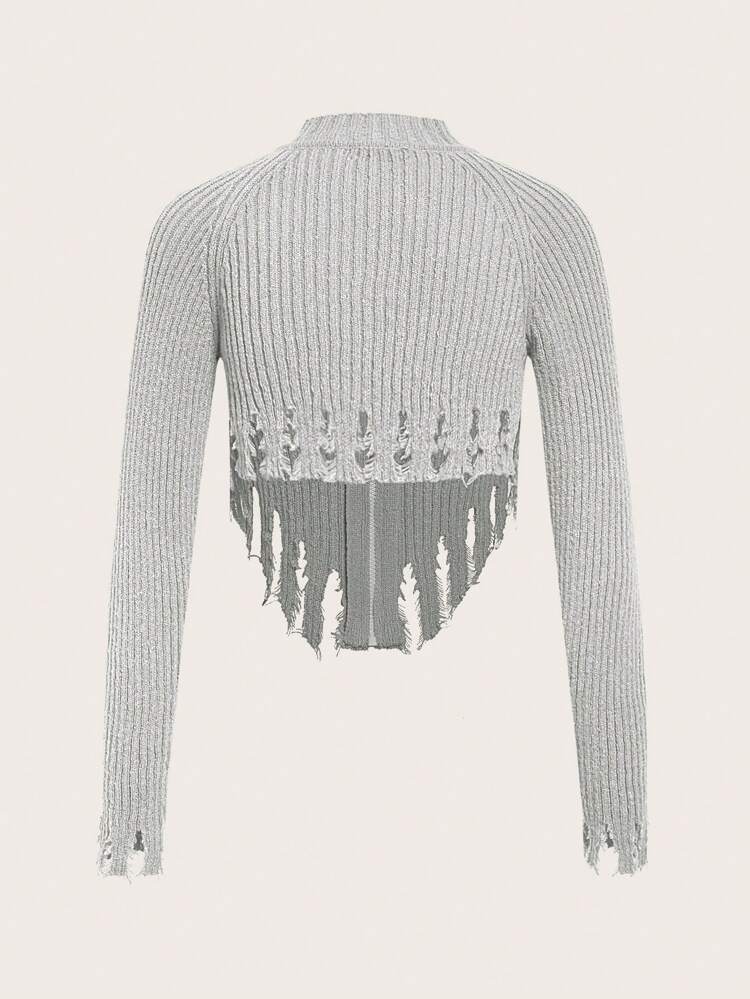 Hollow Out Detail Zipper Front Longline Cardigan With Distressed Hem