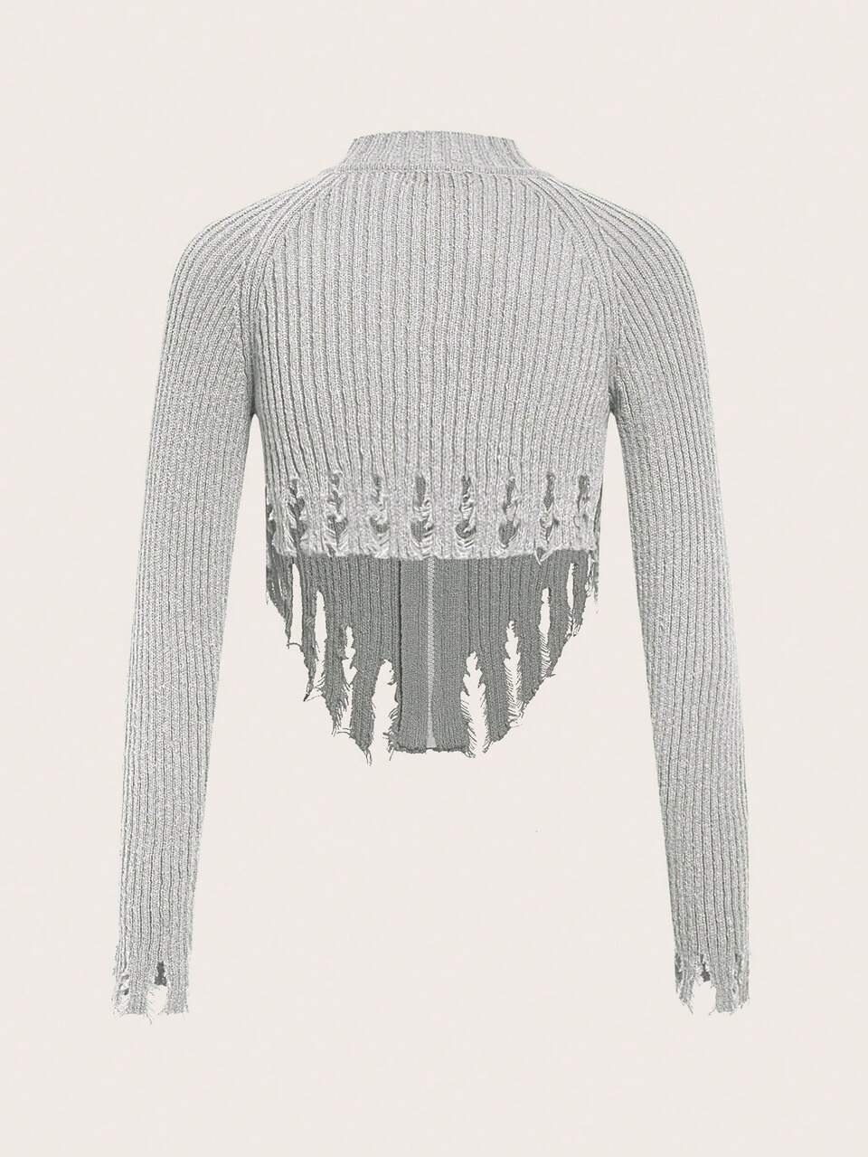 Hollow Out Detail Zipper Front Longline Cardigan With Distressed Hem