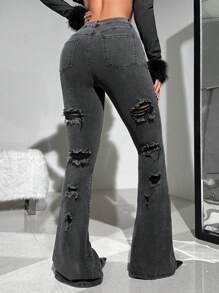 SHEIN ICON Casual Low Waist Slim Fit Flared Jeans With Frayed Hem