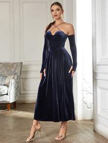 Crisscross Halter Neck Velvet Dress - Navy Blue - View 5