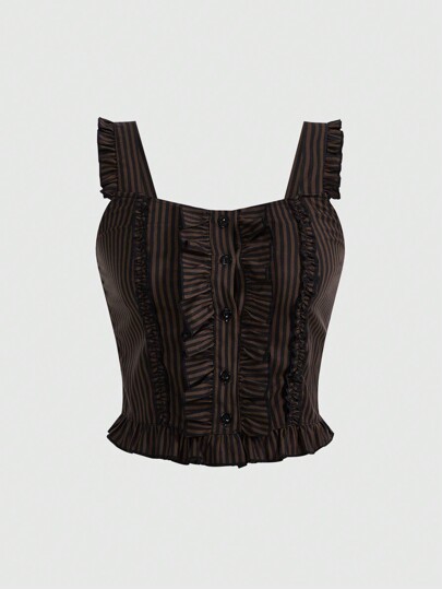 ROMWE Avant Vintage Palace Steampunk Style Ruffled Trim Bow-Tie Striped Contrast Color Women Tank Top In Black And Brown