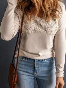 Acelitt Lace Spliced Long Sleeve T-Shirt - Beige - View 4