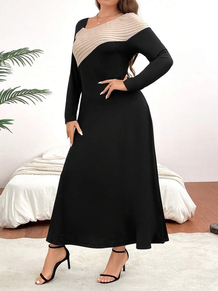 Plus Size Color Block Rib Knit Panel Long Sleeve Dress Fall Cloth For Women