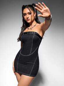 SHEIN EZwear Strapless Denim Dress With Belt For Slim Fit