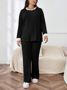 SHEIN Essnce 加肥碼拼接邊緣長袖休閒2入組 - 黑色 - 查看 5