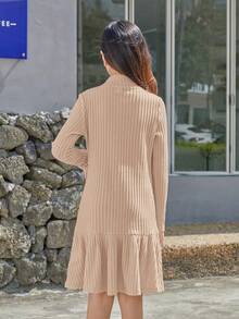 SHEIN 青少女質感肋紋高領裙連褶邊和按鈕裝飾 - 卡其色 - 查看 2