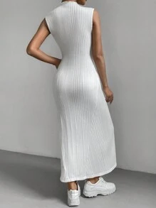 SHEIN Essnce 女款修身款針織立領肋身連衣裙 - 白色 - 查看 2