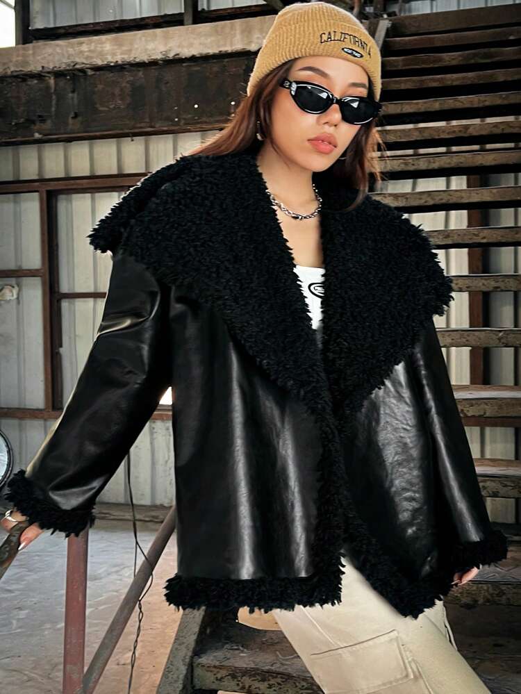 Women's Faux Leather Jacket With Faux Shearling Collar