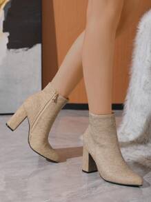 Timesize 女士杏色高跟短靴,裸管踝靴,工作鞋,冬季靴子