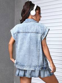 SHEIN PETITE 有蓋口袋牛仔背心夾克 - 淺色水洗藍 - 查看 2