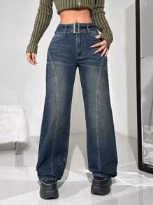 SHEIN ICON 女裝休閒復古喇叭褲 - 藍色 - 查看 4