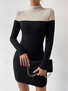 SHEIN Privé Của phụ nữ Áo cao cổ Khối màu Sọc Đầm - màu đen - Xem 1