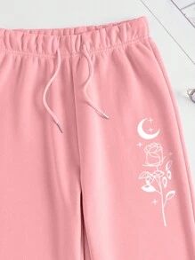 SHEIN Qutie 女士花卉和月亮圖案束腰哈倫褲 - 粉色 - 查看 6