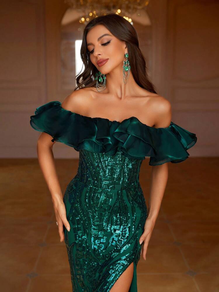 Women's Off Shoulder High Slit Mesh Dress With Sequin Embellishment And Ruffle Trim