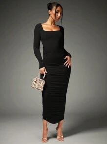 SHEIN BAE 高彈性和褶皺設計的貼身晚禮服,適合各種節日派對 - 黑色 - 查看 6