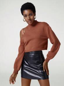 NILLARY Designer Women Solid Color Hollow Out Shoulder & Stand Collar Cropped Sweater, For Holiday, Vacation, Festival, Ibiza Fits - Rust Brown - View 6