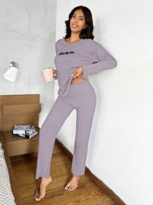 EURMUSE Women's Home Wear Set, Long-sleeved T-shirt + Trousers - Purple - View 4