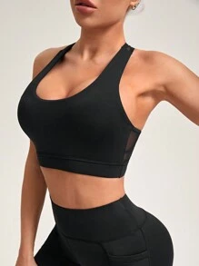 SHEIN Yoga Sxy Mesh Contrast Sports Bra - Black - View 2