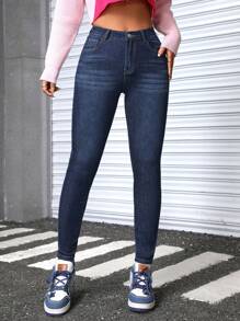 SHEIN PETITE 修身水洗牛仔褲 - 深色水洗藍 - 查看 6