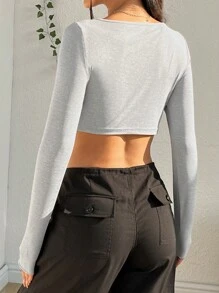 SHEIN x Carly Lawrence SHEIN EZwear 女款春季 Y2k 灰色扭纹短款上衣 T 恤 - 灰色 - 查看 2