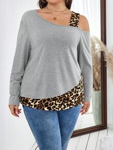 SHEIN LUNE Plus Size Leopard Print Patchwork Asymmetrical Collar Long Sleeve T-Shirt - Grey - View 3