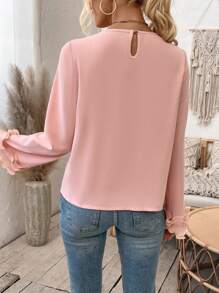 SHEIN LUNE 荷葉邊短袖高領襯衫 - 粉色 - 查看 2