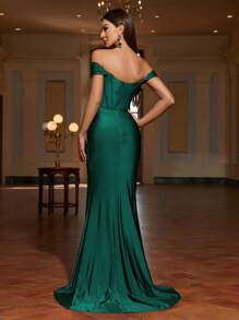 Faeriesty Off Shoulder Bodice Contrast Ruched Wrap Hem Formal Dress - Dark Green - View 3