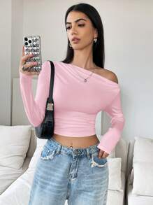 SHEIN Unity 不對稱領短款T恤 - 粉色 - 查看 5