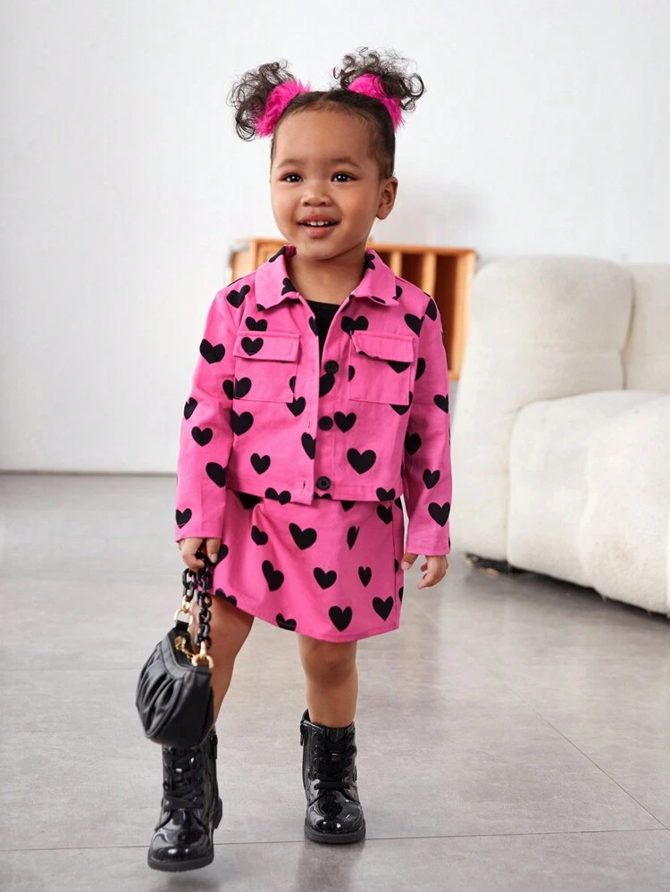 Baby Girl Casual Heart Pattern Long Sleeve Blouse With Elastic Waist Skirt Set